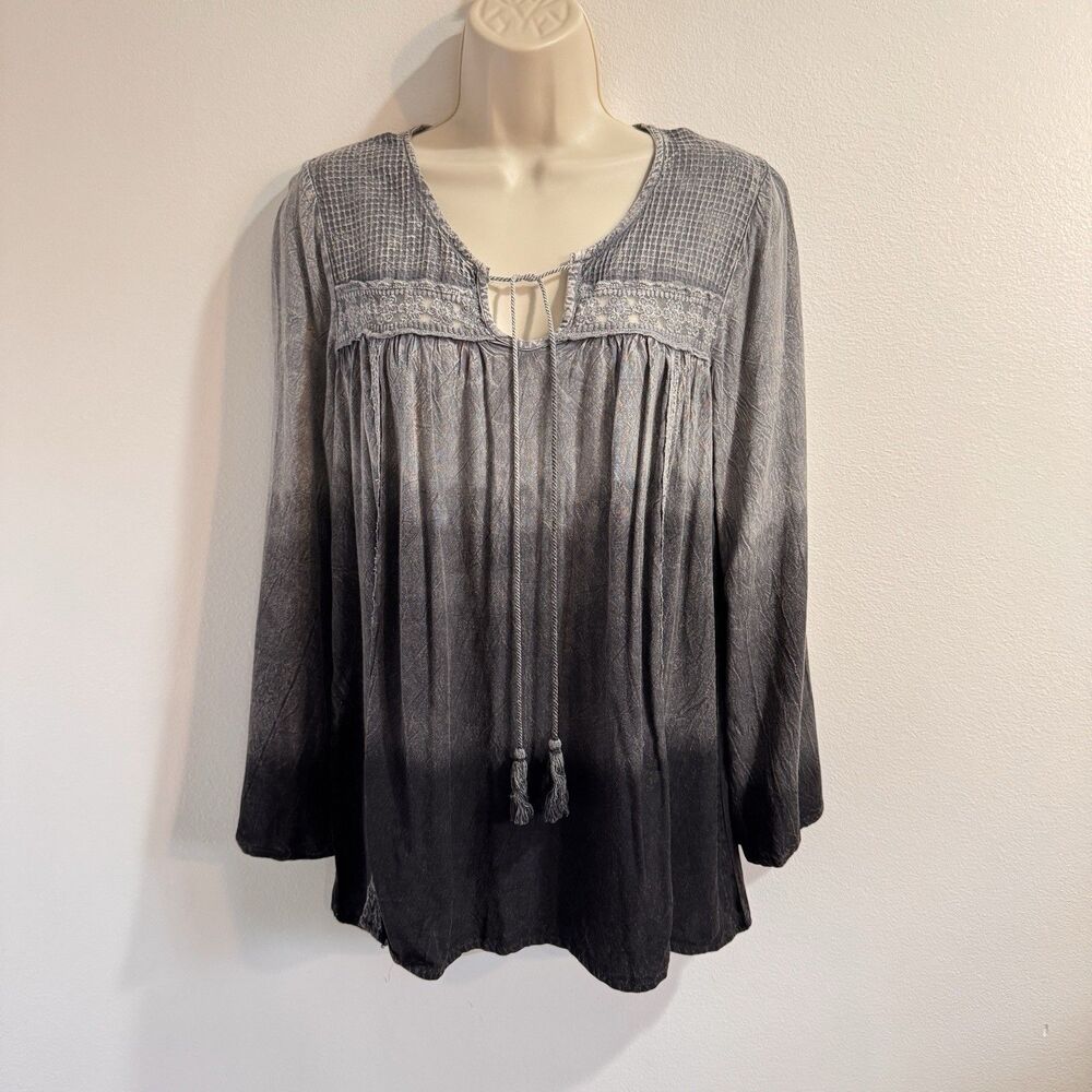 Vintage Y2K NWT Oso Casuals Blouse S Mineral Wash Waffle Knit Lace Boho Gray